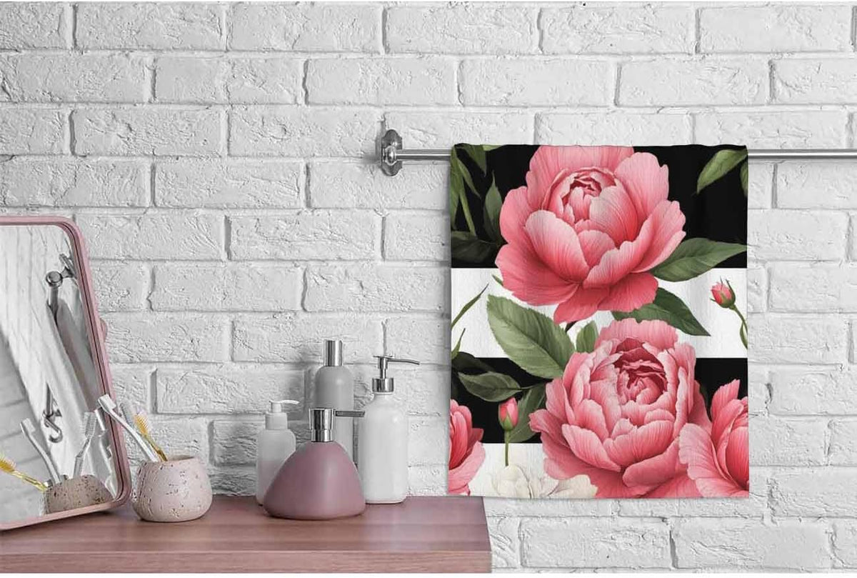 Peony and Rose Floral Hand Towels Cotton Washcloths,Pink Flower Green Leaves with Black White Stripes Soft Towels for Bathroom Kitchen,Hand Towel 15X30 Inch