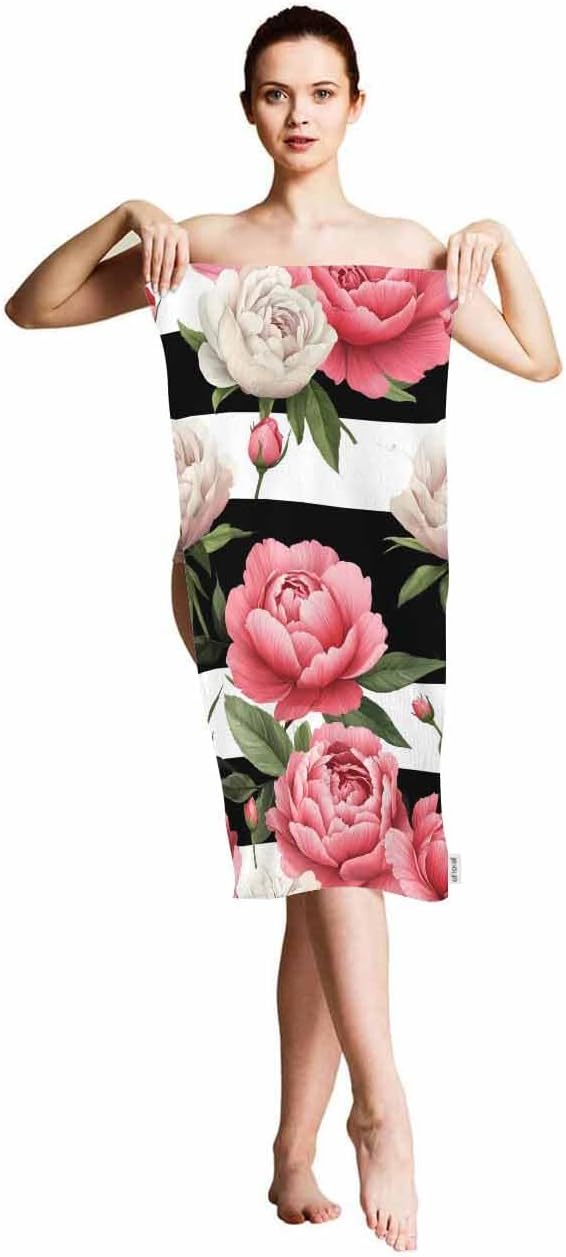 Peony and Rose Floral Hand Towels Cotton Washcloths,Pink Flower Green Leaves with Black White Stripes Soft Towels for Bathroom Kitchen,Hand Towel 15X30 Inch