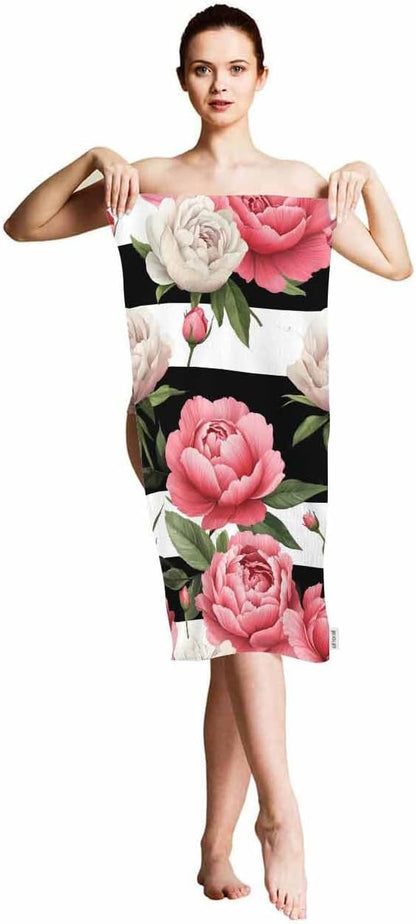 Peony and Rose Floral Hand Towels Cotton Washcloths,Pink Flower Green Leaves with Black White Stripes Soft Towels for Bathroom Kitchen,Hand Towel 15X30 Inch