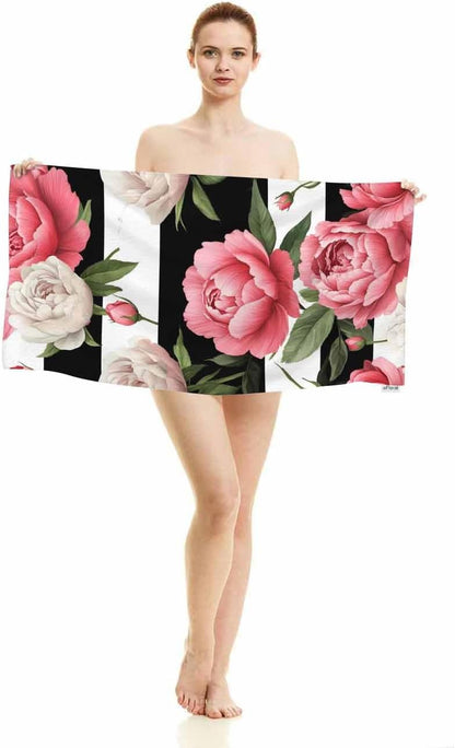 Peony and Rose Floral Hand Towels Cotton Washcloths,Pink Flower Green Leaves with Black White Stripes Soft Towels for Bathroom Kitchen,Hand Towel 15X30 Inch