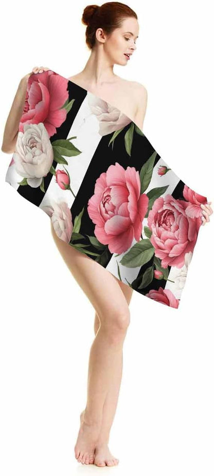 Peony and Rose Floral Hand Towels Cotton Washcloths,Pink Flower Green Leaves with Black White Stripes Soft Towels for Bathroom Kitchen,Hand Towel 15X30 Inch