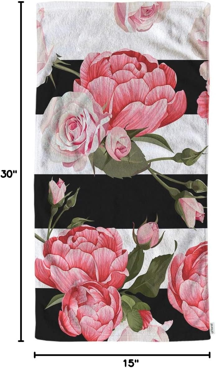 Peony and Rose Floral Hand Towels Cotton Washcloths,Pink Flower Green Leaves with Black White Stripes Soft Towels for Bathroom Kitchen,Hand Towel 15X30 Inch