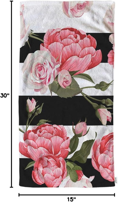 Peony and Rose Floral Hand Towels Cotton Washcloths,Pink Flower Green Leaves with Black White Stripes Soft Towels for Bathroom Kitchen,Hand Towel 15X30 Inch