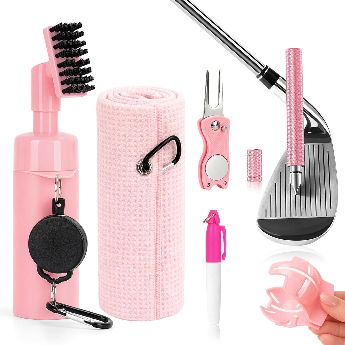 Golf Club Cleaning Kit,Golf Accessories,Golf Cleaning Kit with Golf Club Cleaner Water Brush,Towel,Divot Repair Tool,Groove Sharpener,Golf Ball Alignment Complete Golf Kit