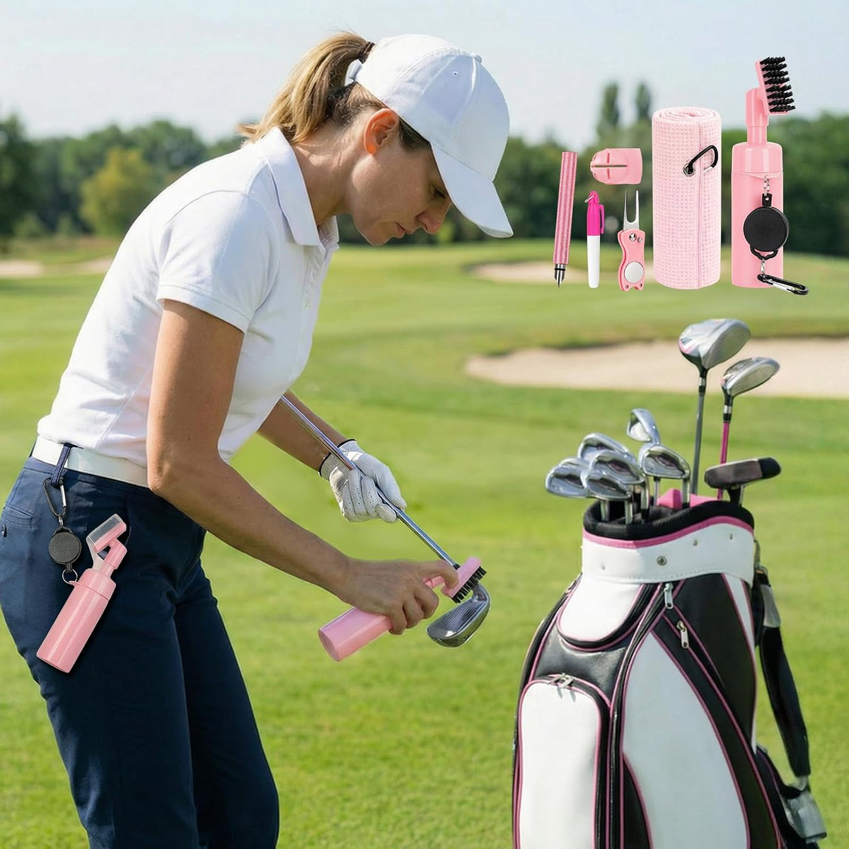 Golf Club Cleaning Kit,Golf Accessories,Golf Cleaning Kit with Golf Club Cleaner Water Brush,Towel,Divot Repair Tool,Groove Sharpener,Golf Ball Alignment Complete Golf Kit