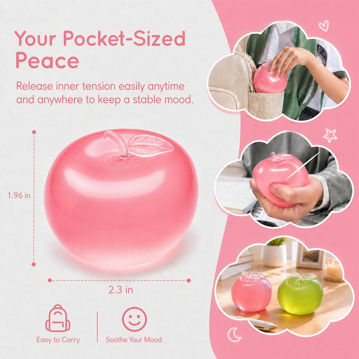 1Pcs Pink Apple Squishy, Glass Gloss Semi-Transparent Apple Stress Ball