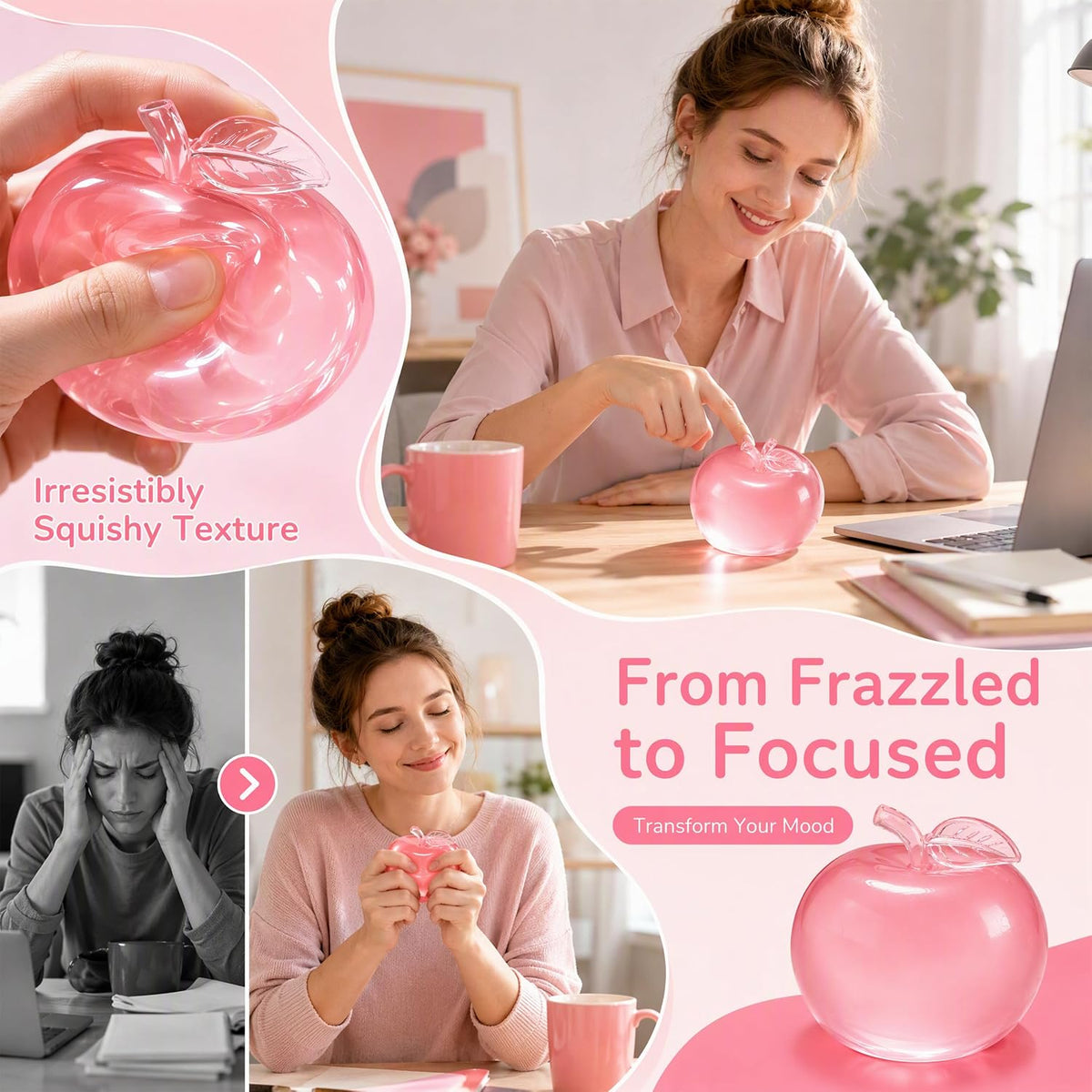 1Pcs Pink Apple Squishy, Glass Gloss Semi-Transparent Apple Stress Ball