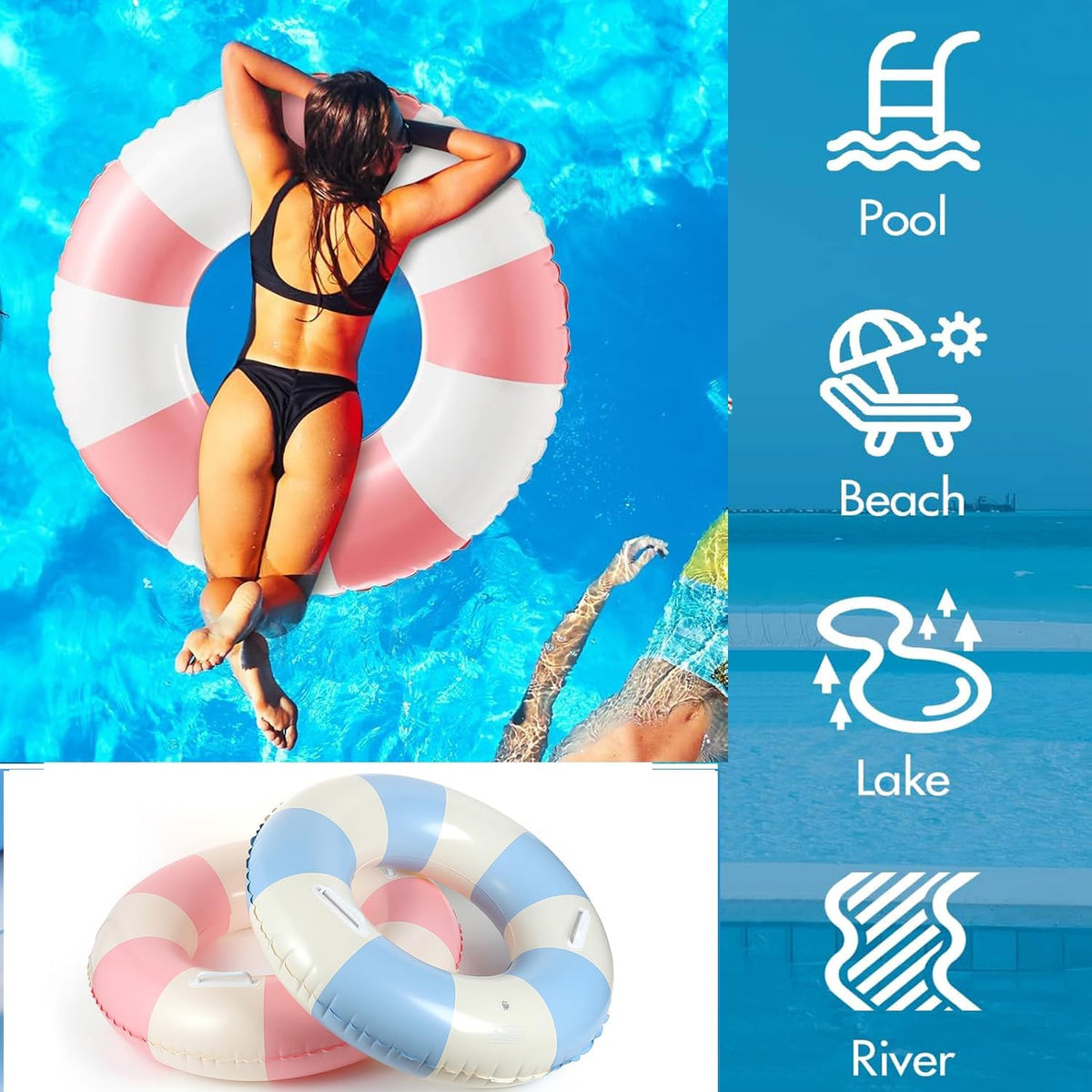 Inflatable Pool Floats for Adults- 2 Pack Striped Floaties Pool Tubes Swim Rings with Handles Inflatable Pool Float for Swimming Pool Party Lake Beach Adults