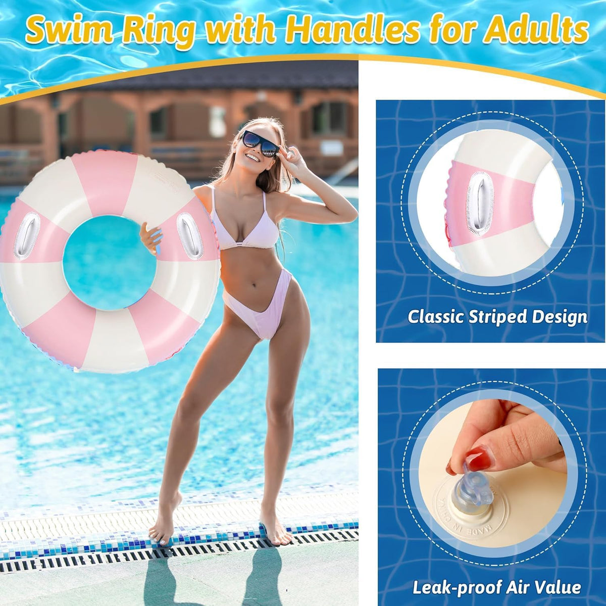 Inflatable Pool Floats for Adults- 2 Pack Striped Floaties Pool Tubes Swim Rings with Handles Inflatable Pool Float for Swimming Pool Party Lake Beach Adults