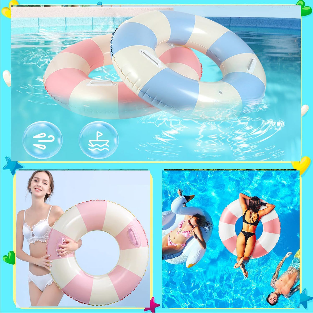 Inflatable Pool Floats for Adults- 2 Pack Striped Floaties Pool Tubes Swim Rings with Handles Inflatable Pool Float for Swimming Pool Party Lake Beach Adults