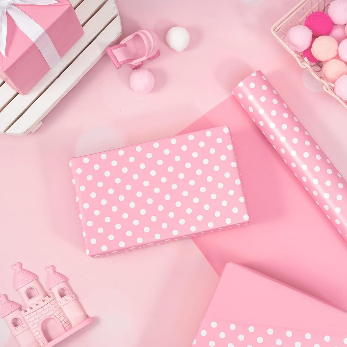 Reversible Wrapping Paper - Mini Roll - 17 Inch X 33 Feet - Pink and Polka Dot Design for Birthday, Holiday, Wedding, Baby Shower