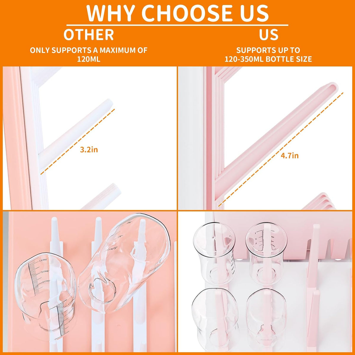 Larger Vertical Baby Bottle Drying Rack - BPA Free - Space Saving Feeding Bottles Drying Rack Holder for Countertop,Baby Bottle Holder Storage Station for Pacifiers,Pump Accessories Stand,Pink