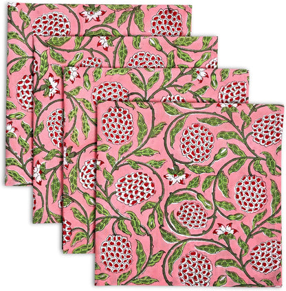Strawberry Pink Hand Block Print Cloth Napkins, 18x18 in, Set of 4
