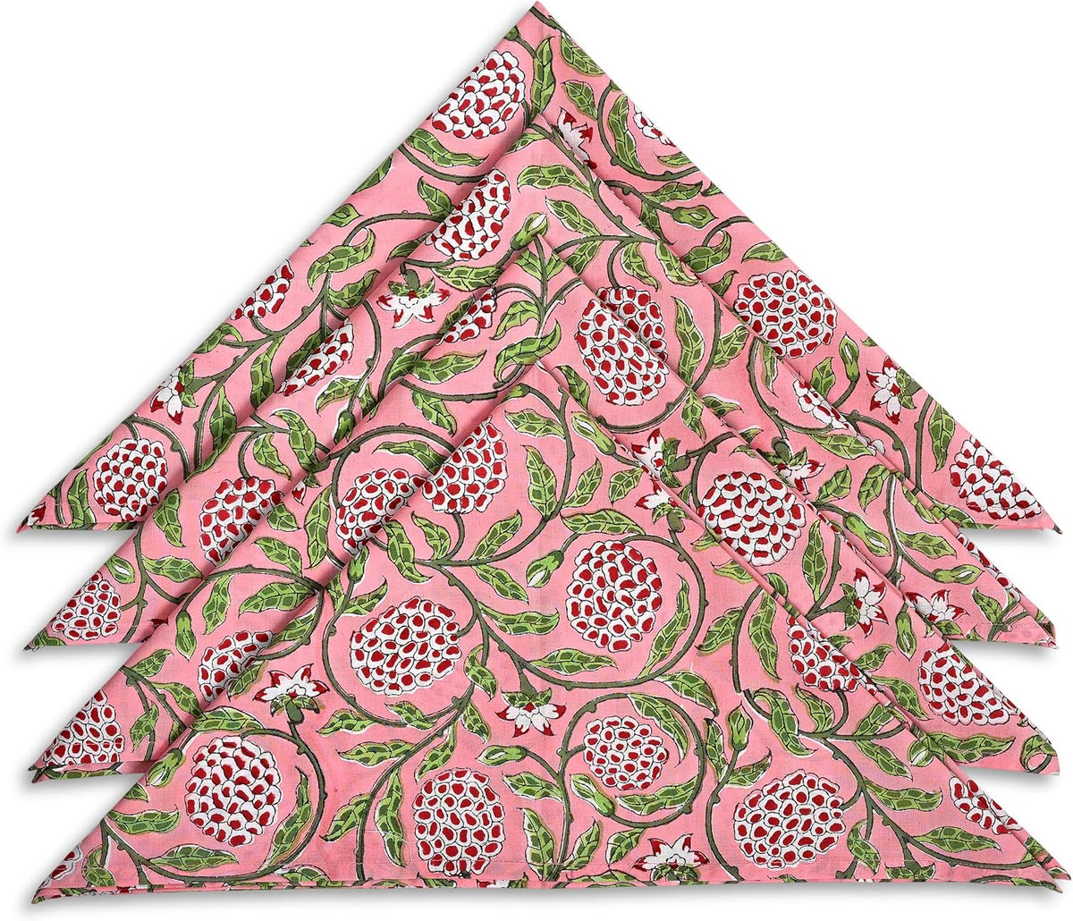 Strawberry Pink Hand Block Print Cloth Napkins, 18x18 in, Set of 4