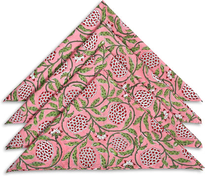 Strawberry Pink Hand Block Print Cloth Napkins, 18x18 in, Set of 4