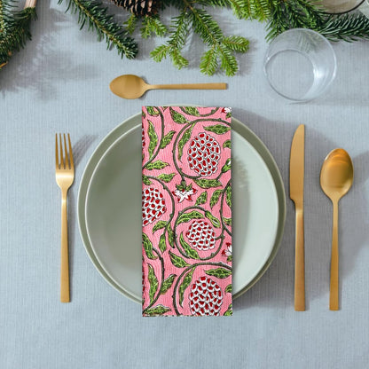 Strawberry Pink Hand Block Print Cloth Napkins, 18x18 in, Set of 4