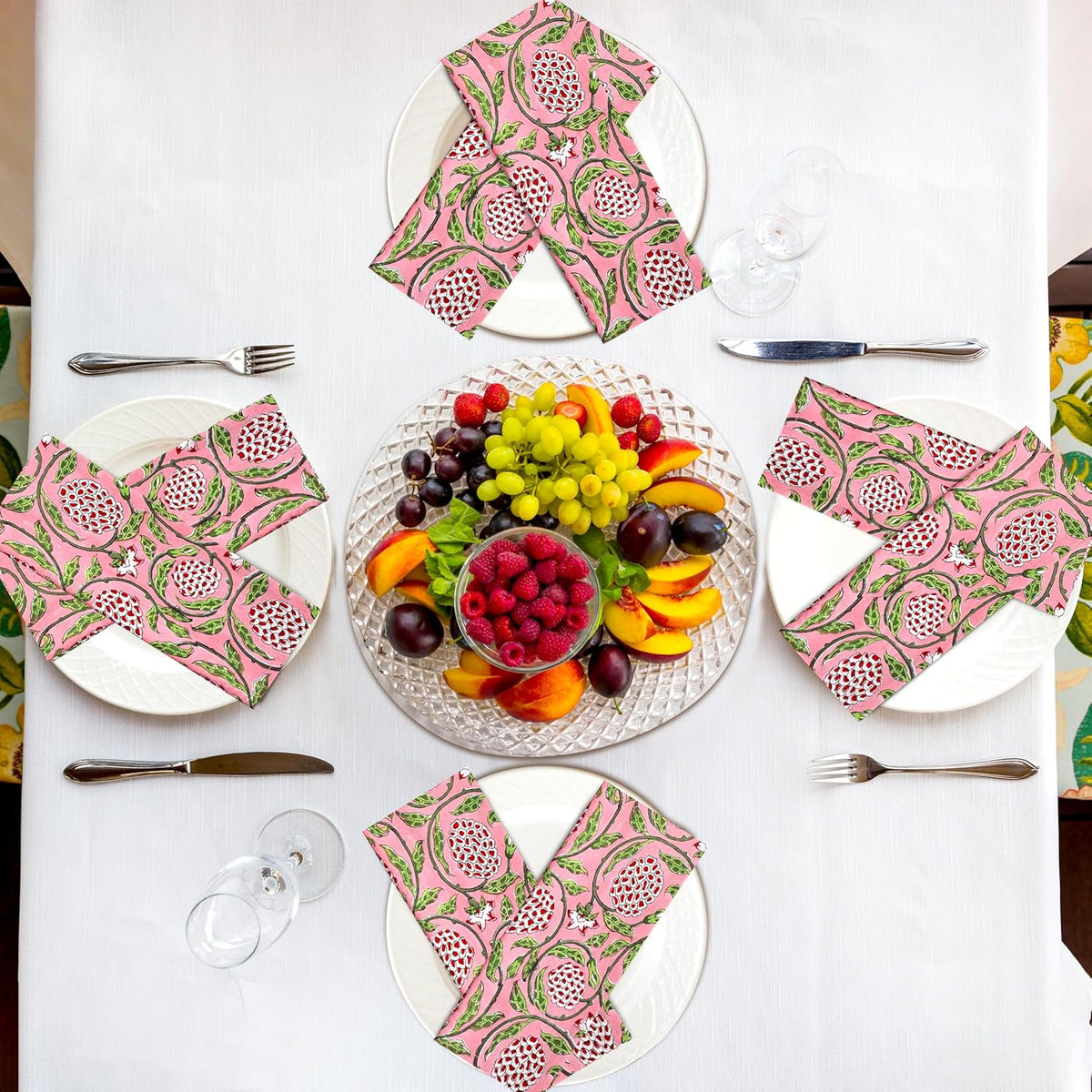 Strawberry Pink Hand Block Print Cloth Napkins, 18x18 in, Set of 4