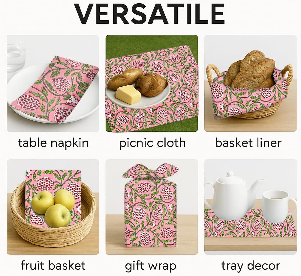 Strawberry Pink Hand Block Print Cloth Napkins, 18x18 in, Set of 4