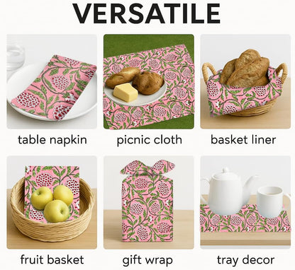 Strawberry Pink Hand Block Print Cloth Napkins, 18x18 in, Set of 4