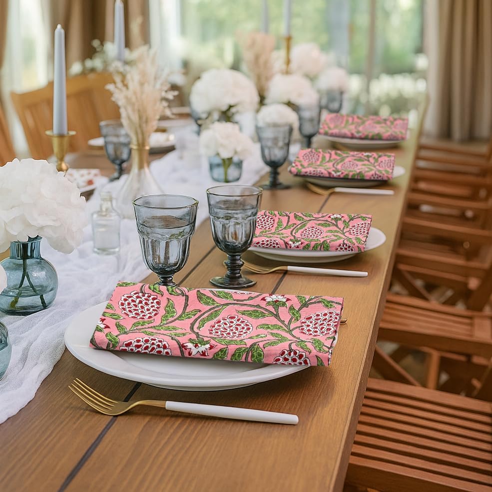 Strawberry Pink Hand Block Print Cloth Napkins, 18x18 in, Set of 4