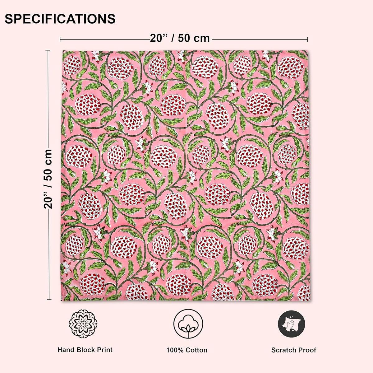 Strawberry Pink Hand Block Print Cloth Napkins, 18x18 in, Set of 4