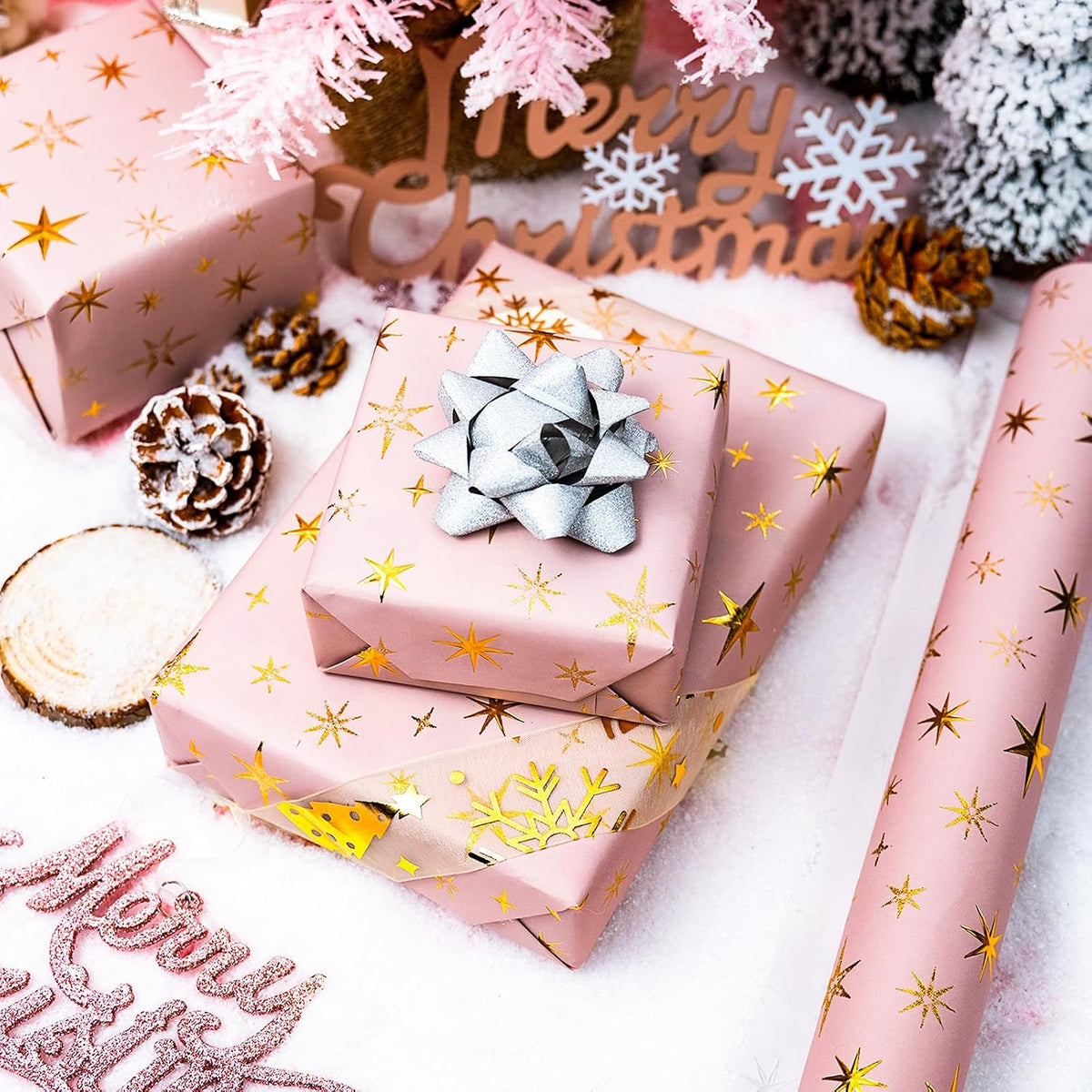 Kraft Pink Star Birthday Wrapping Paper Roll-17 In x 16.5 Ft