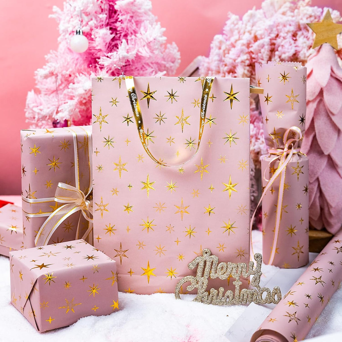 Kraft Pink Star Birthday Wrapping Paper Roll-17 In x 16.5 Ft
