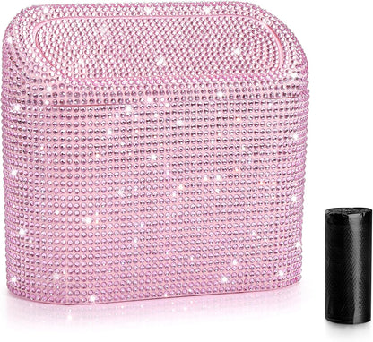 Bling Car Trash Can with Lid, Leak-Proof Mini Vehicle Trash Bin Automotive Dustbin Organizer Storage, Sparkling Crystal Trash Bag Container with 30pcs Garbage Bags for Car, Home, Office (Pink)