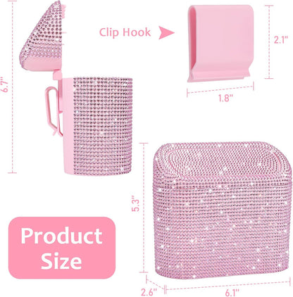 Bling Car Trash Can with Lid, Leak-Proof Mini Vehicle Trash Bin Automotive Dustbin Organizer Storage, Sparkling Crystal Trash Bag Container with 30pcs Garbage Bags for Car, Home, Office (Pink)