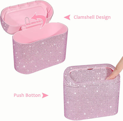 Bling Car Trash Can with Lid, Leak-Proof Mini Vehicle Trash Bin Automotive Dustbin Organizer Storage, Sparkling Crystal Trash Bag Container with 30pcs Garbage Bags for Car, Home, Office (Pink)