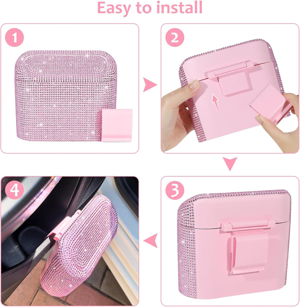 Bling Car Trash Can with Lid, Leak-Proof Mini Vehicle Trash Bin Automotive Dustbin Organizer Storage, Sparkling Crystal Trash Bag Container with 30pcs Garbage Bags for Car, Home, Office (Pink)