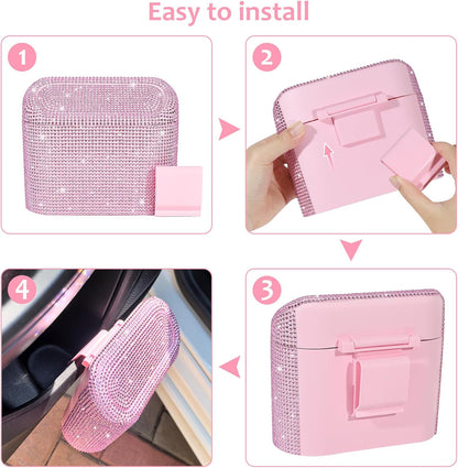Bling Car Trash Can with Lid, Leak-Proof Mini Vehicle Trash Bin Automotive Dustbin Organizer Storage, Sparkling Crystal Trash Bag Container with 30pcs Garbage Bags for Car, Home, Office (Pink)