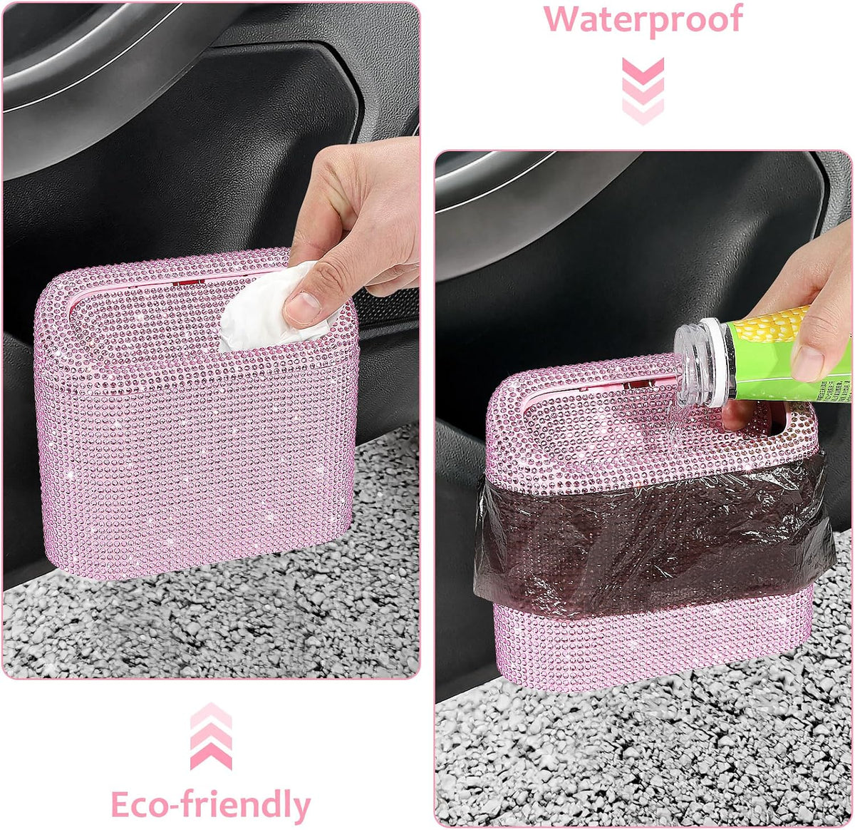 Bling Car Trash Can with Lid, Leak-Proof Mini Vehicle Trash Bin Automotive Dustbin Organizer Storage, Sparkling Crystal Trash Bag Container with 30pcs Garbage Bags for Car, Home, Office (Pink)