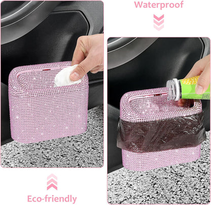 Bling Car Trash Can with Lid, Leak-Proof Mini Vehicle Trash Bin Automotive Dustbin Organizer Storage, Sparkling Crystal Trash Bag Container with 30pcs Garbage Bags for Car, Home, Office (Pink)