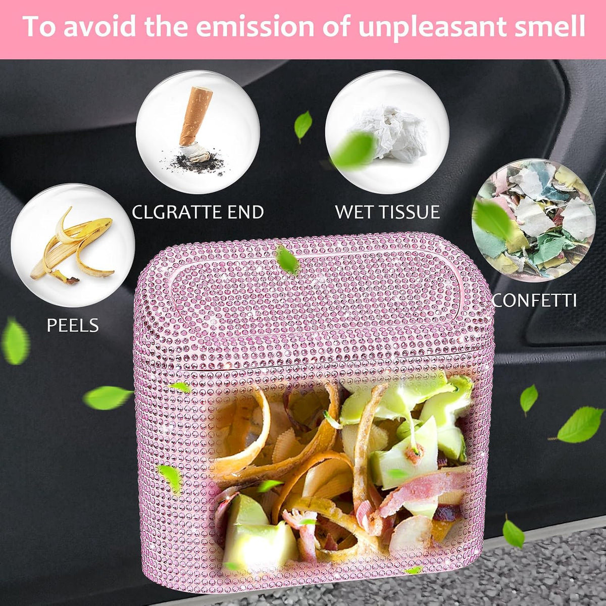 Bling Car Trash Can with Lid, Leak-Proof Mini Vehicle Trash Bin Automotive Dustbin Organizer Storage, Sparkling Crystal Trash Bag Container with 30pcs Garbage Bags for Car, Home, Office (Pink)
