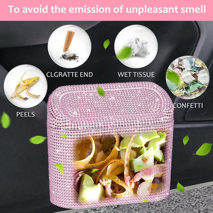 Bling Car Trash Can with Lid, Leak-Proof Mini Vehicle Trash Bin Automotive Dustbin Organizer Storage, Sparkling Crystal Trash Bag Container with 30pcs Garbage Bags for Car, Home, Office (Pink)