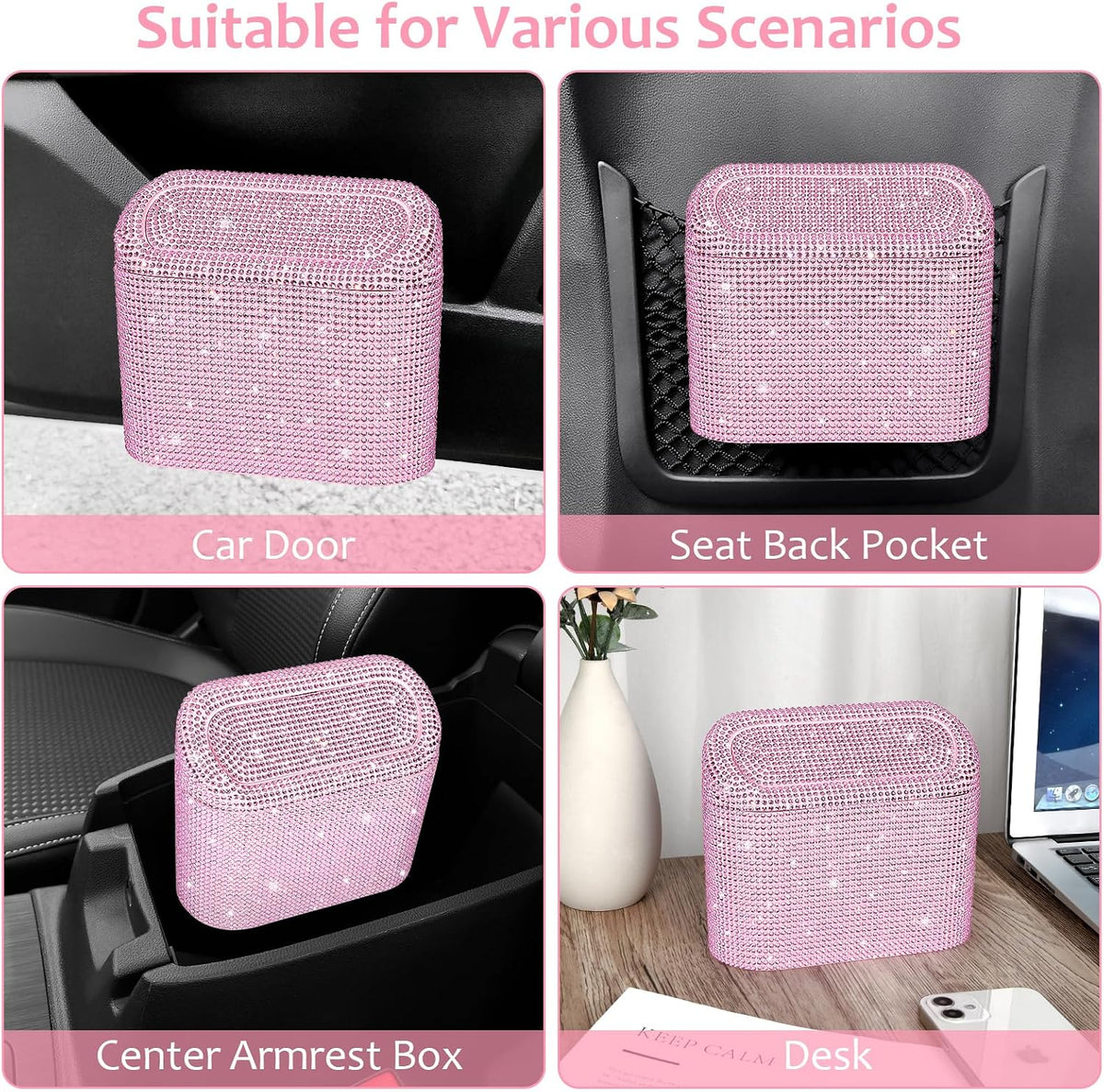Bling Car Trash Can with Lid, Leak-Proof Mini Vehicle Trash Bin Automotive Dustbin Organizer Storage, Sparkling Crystal Trash Bag Container with 30pcs Garbage Bags for Car, Home, Office (Pink)