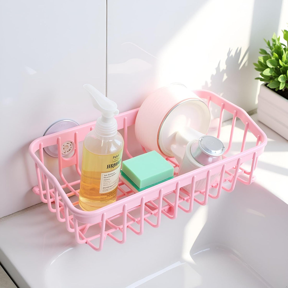 Pink Multifunctional Drain Rack, Hanging Storage Rack Drain Rack Sink Shelf Suction Cup Dishwashing Soap Sponge Holder for Kitchen Accessories Racks and Holders, Dish Racks