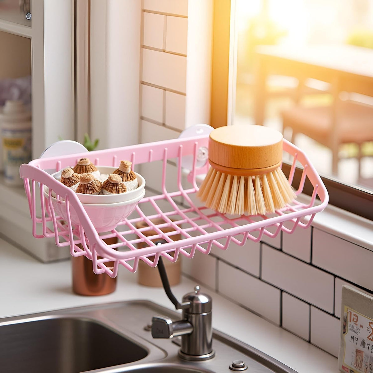 Pink Multifunctional Drain Rack, Hanging Storage Rack Drain Rack Sink Shelf Suction Cup Dishwashing Soap Sponge Holder for Kitchen Accessories Racks and Holders, Dish Racks