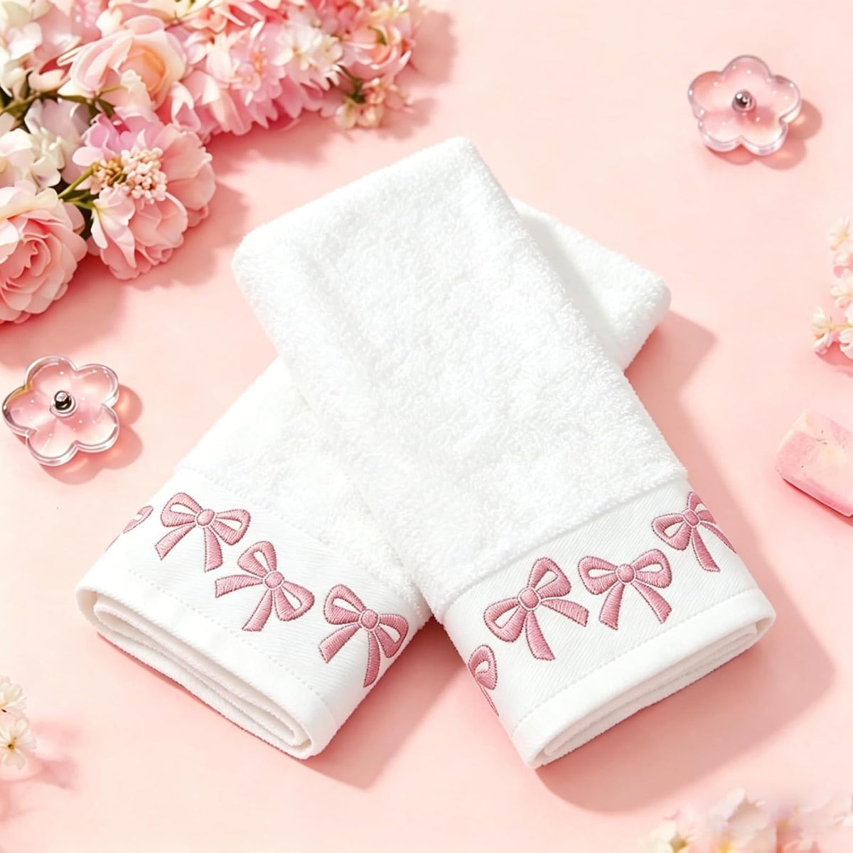2 Pack White Pink Bow Hand Towels Embroidered Bowknot Absorbent Cotton Bath Towel for Bathroom Kitchen Bridal Shower Wedding Hand Drying Baking Cooking, 29.5 x 13.4 Inch