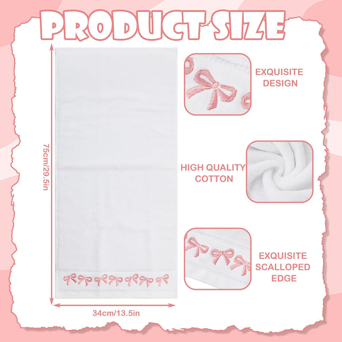2 Pack White Pink Bow Hand Towels Embroidered Bowknot Absorbent Cotton Bath Towel for Bathroom Kitchen Bridal Shower Wedding Hand Drying Baking Cooking, 29.5 x 13.4 Inch