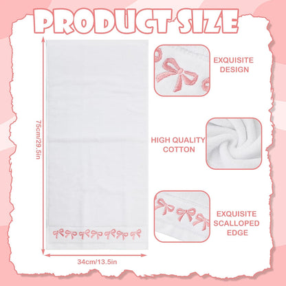 2 Pack White Pink Bow Hand Towels Embroidered Bowknot Absorbent Cotton Bath Towel for Bathroom Kitchen Bridal Shower Wedding Hand Drying Baking Cooking, 29.5 x 13.4 Inch