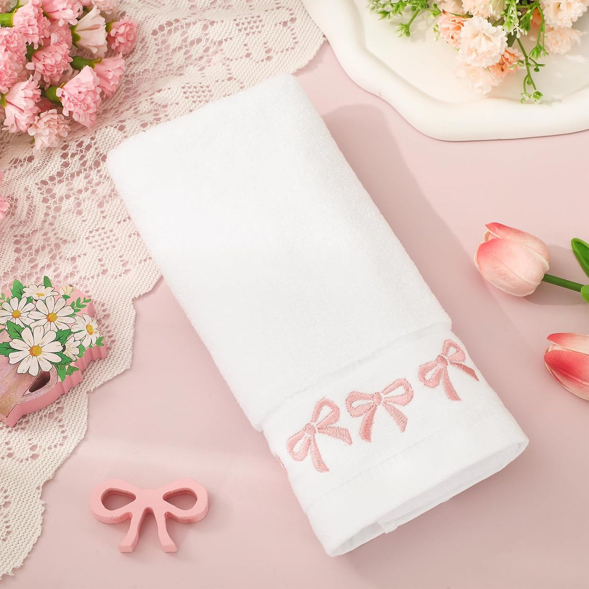 2 Pack White Pink Bow Hand Towels Embroidered Bowknot Absorbent Cotton Bath Towel for Bathroom Kitchen Bridal Shower Wedding Hand Drying Baking Cooking, 29.5 x 13.4 Inch