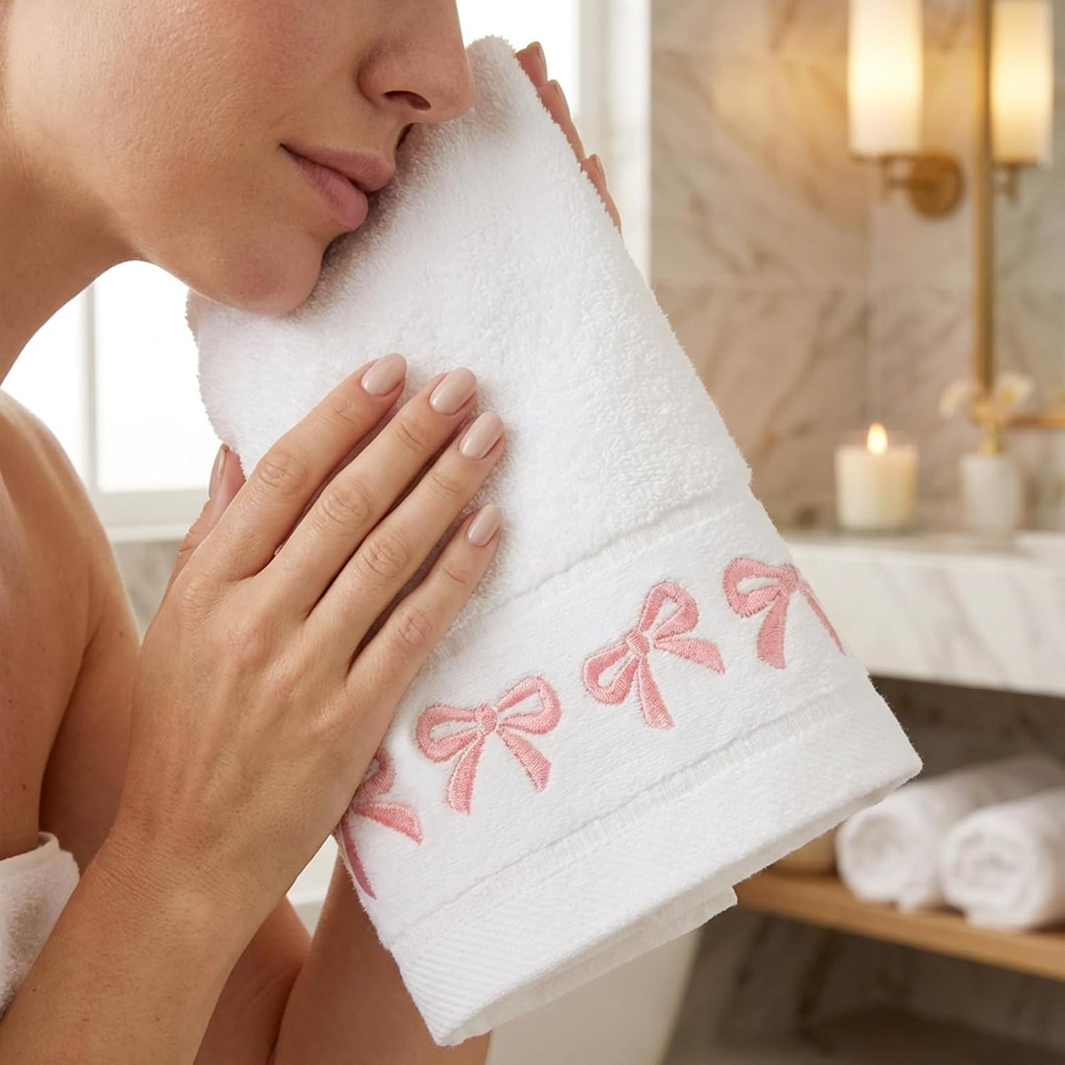 2 Pack White Pink Bow Hand Towels Embroidered Bowknot Absorbent Cotton Bath Towel for Bathroom Kitchen Bridal Shower Wedding Hand Drying Baking Cooking, 29.5 x 13.4 Inch