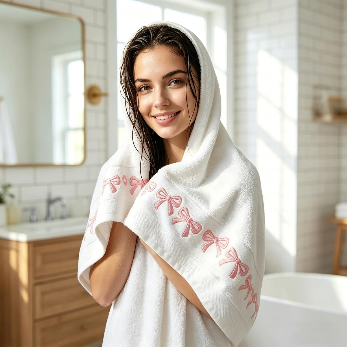 2 Pack White Pink Bow Hand Towels Embroidered Bowknot Absorbent Cotton Bath Towel for Bathroom Kitchen Bridal Shower Wedding Hand Drying Baking Cooking, 29.5 x 13.4 Inch