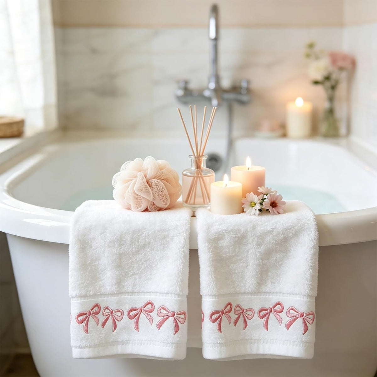 2 Pack White Pink Bow Hand Towels Embroidered Bowknot Absorbent Cotton Bath Towel for Bathroom Kitchen Bridal Shower Wedding Hand Drying Baking Cooking, 29.5 x 13.4 Inch