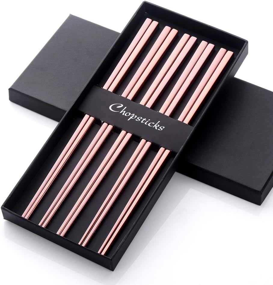 5-Pair Stainless Steel Chopsticks - Reusable Rose Gold Chinese Square Chopsticks