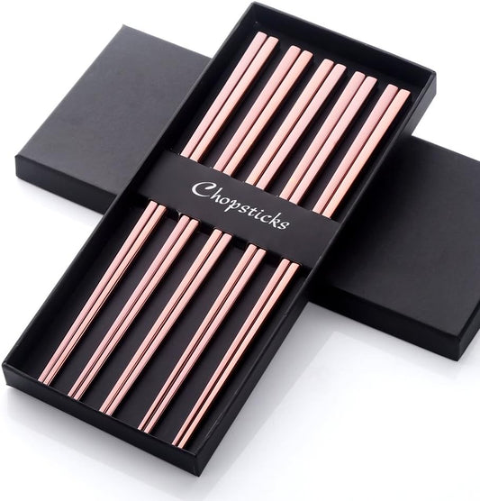 5-Pair Stainless Steel Chopsticks - Reusable Rose Gold Chinese Square Chopsticks