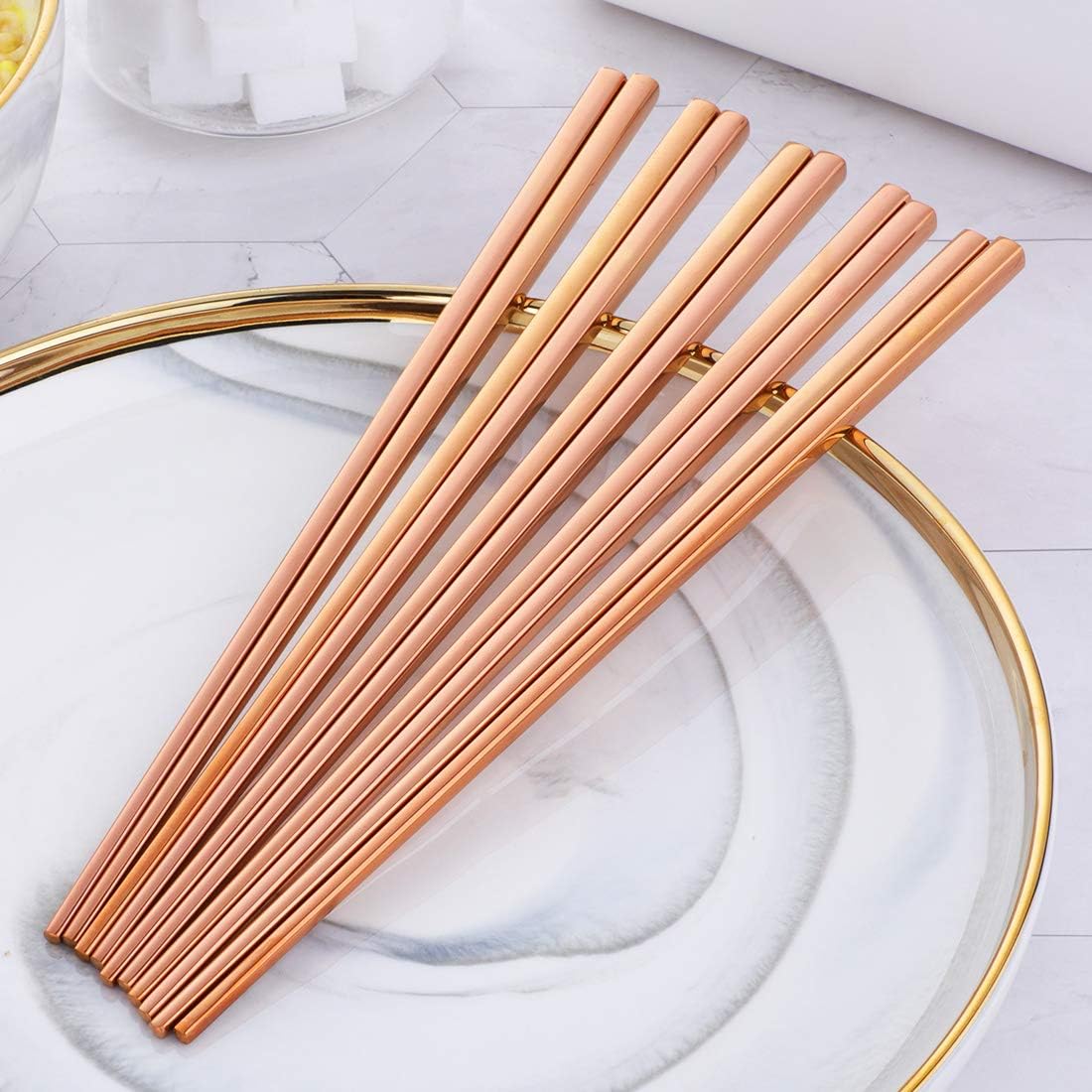 5-Pair Stainless Steel Chopsticks - Reusable Rose Gold Chinese Square Chopsticks