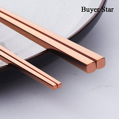 5-Pair Stainless Steel Chopsticks - Reusable Rose Gold Chinese Square Chopsticks